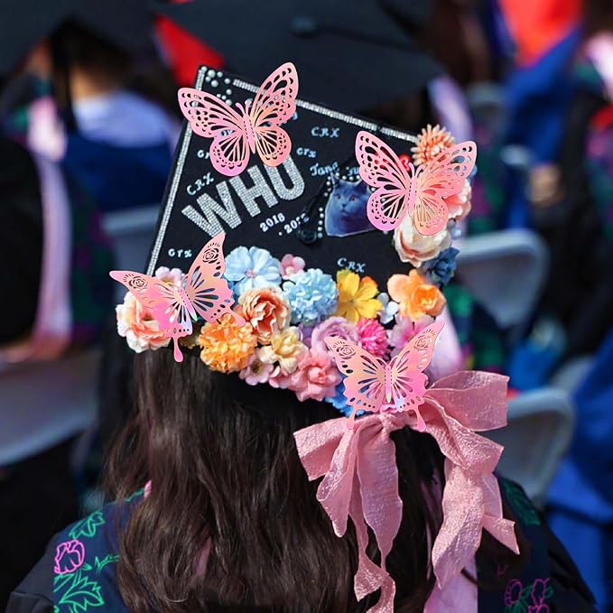 Laser Pink Butterfly Decorations, 48Pcs 2 Styles 3 Sizes Butterflies for Cake Cupcake Toppers, 3D Paper Sticker for Bouquets Birthday Baby Shower Kids Girl Room Wall Nursery Grad Graduation Caps Decor