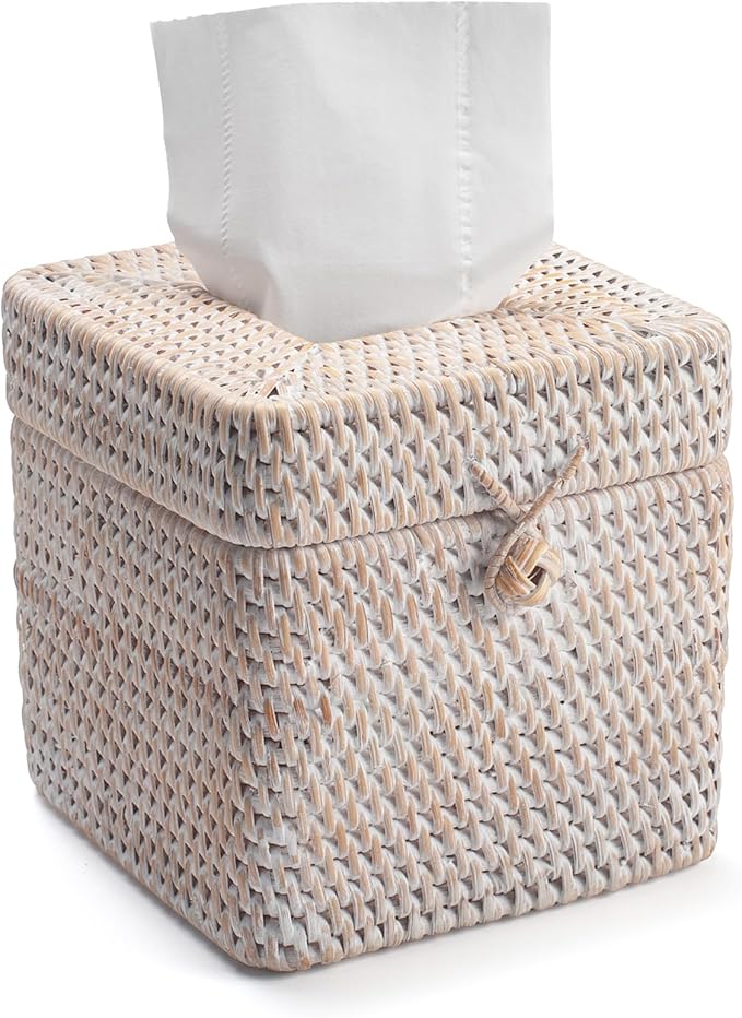Rattan Tissue Box Cover Natural Woven Facial Napkin Holder Square with Lid 5.7 x 5.7 x 5.5 Inch (White)