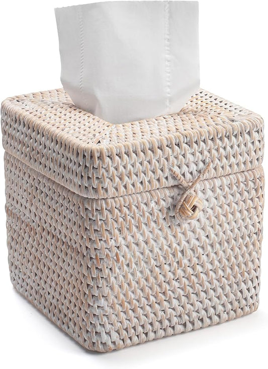 Rattan Tissue Box Cover Natural Woven Facial Napkin Holder Square with Lid 5.7 x 5.7 x 5.5 Inch (White)