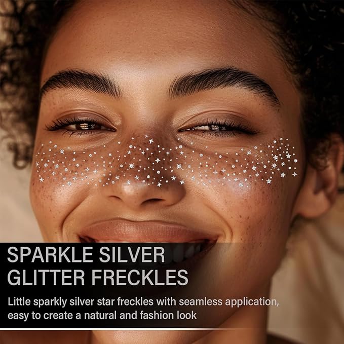 20 Pcs Silver Face Makeup Patches, Silver Glitter Freckles Face Tattoo, Easy Application Sparkle Makeup Freckles, Waterproof Glitter Temporary Tattoos for Women