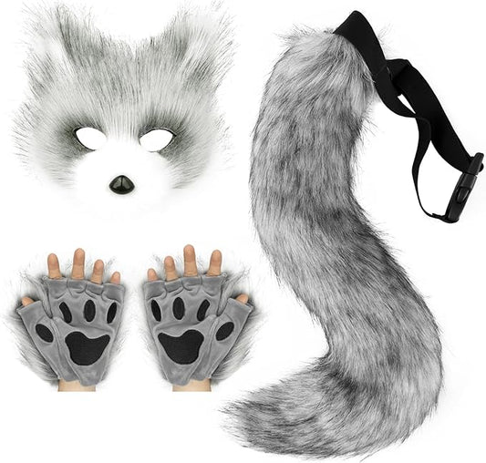 Adolala Faux Fur Fox Tail Cat Wolf Set Plush Mask Fluffy Paw Gloves Halloween Christmas Party for Women