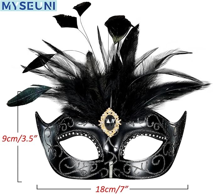 2025 Masquerade Mask for Women with Feathers - Venetian Masquerade Mask for Carnival Ball, Mardi Gras, Prom