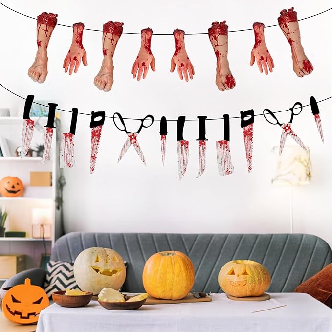 Halloween Horror Outdoor-Indoor Party-Decorations Supplies - 4pcs Creepy Fake Knife Hanging Banner,Spooky Home Streamers Garland,Haunted Mansion Room Wall Backdrop Decor Burgleda