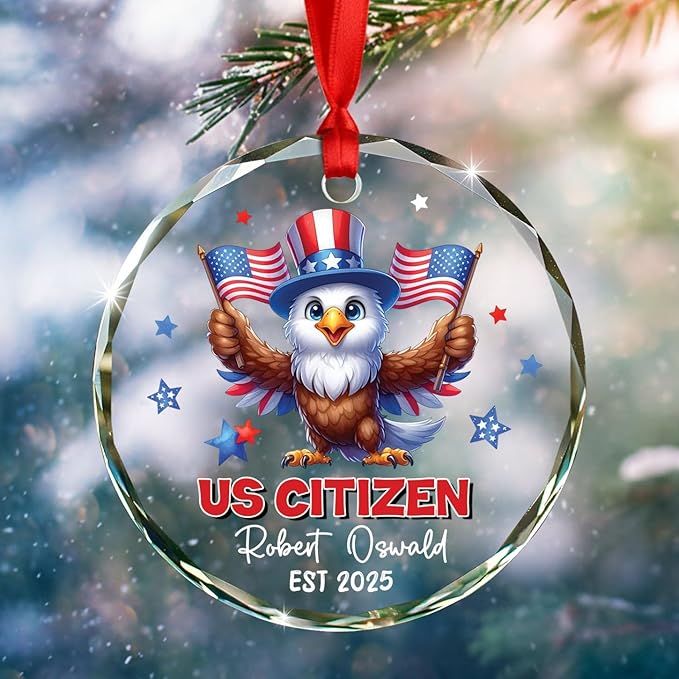 Novelty Owl US Citizen Glass Xmas Ornament Gift for New U.S. Citizenship, Personalized Year Name New American Citizen Christmas Ornament 2025, Custom USA Citizens Hanging Ornament Gift for Patriotic