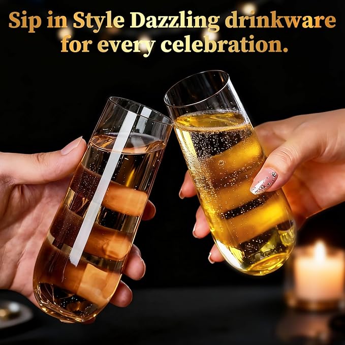Guanqiao 48 Pack Stemless Plastic Champagne Flutes, 9 oz Clear Disposable Plastic Glasses, Heavy Duty Shatterproof Recyclable Mimosa Glasses for Party Wine Tasting Wedding New Years Eve Party Supplies