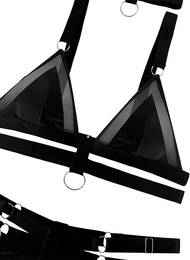 Lilosy Sexy Wireless Choker O Ring Linked Strappy Harness Lingerie Set Outfits 3 Piece
