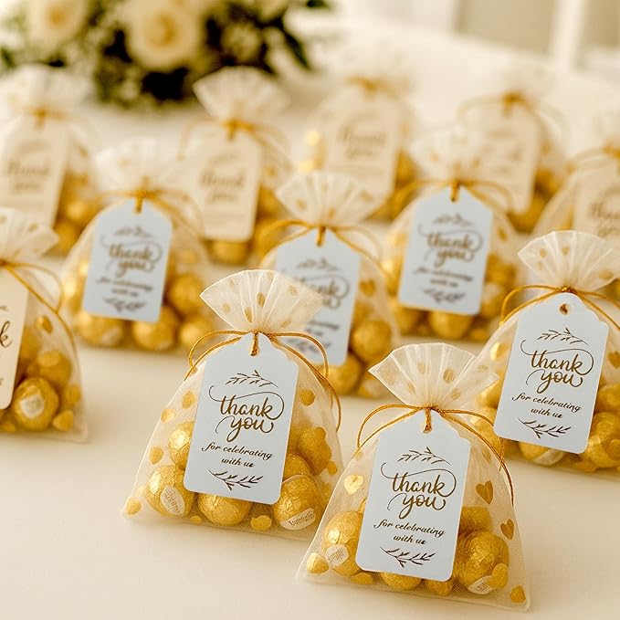 SallyFashion 100PCS Gold Stamp Gift Tags with Strings - White Paper Tags Hanging Labels for Wedding, Bridal Party, Baby Shower, Invitation, Thanksgiving