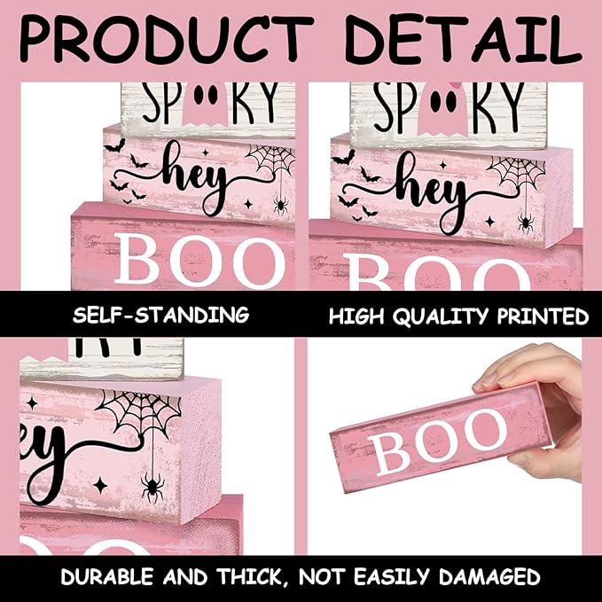 4 Pcs Pink Halloween Decor Ghost Table Decorations Halloween Tiered Tray Decor Farmhouse Ghost Tabletop Centerpiece Rustic Pink Block Sign Gift for Home Kitchen Shelf Office Mantel