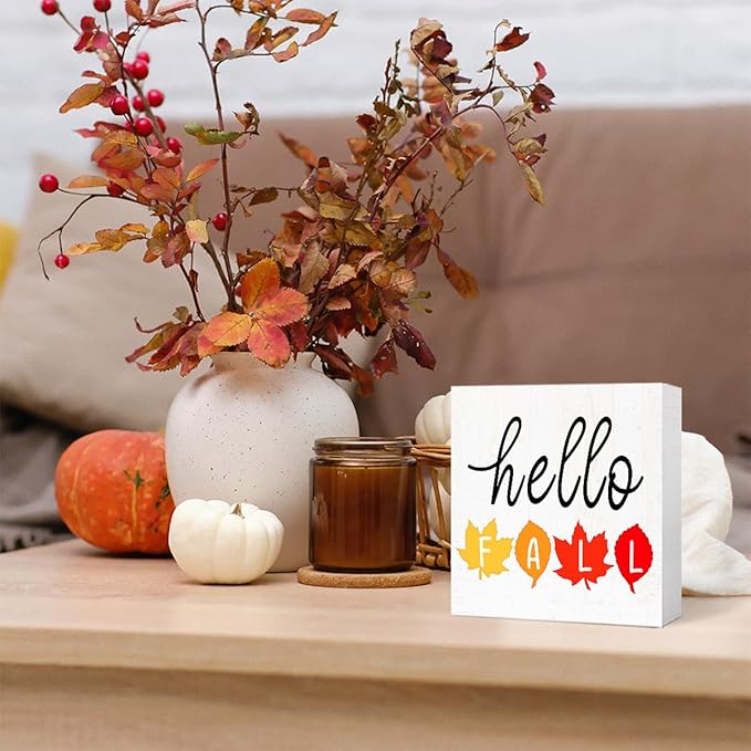 Hello Fall Wood Box Sign Funny Autumn Maple Leaves Wooden Block Desk Decor for Home Office Kitchen Cubicle Table Shelf Tabletop,Farmhouse Fall Sign Decor