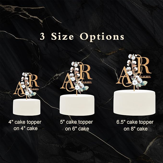 Personalized Autumn Wedding Cake Topper in Wood Custom Bride and Groom Initial Cake Topper Wedding Date Cake Decoration (Cotton)