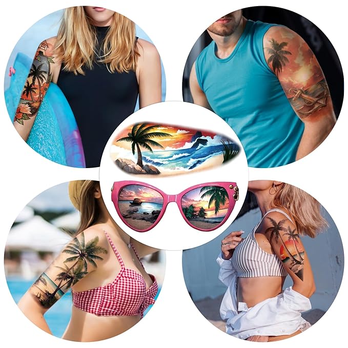 77 Sheets Temporary Tattoo for Women and Men, 17 Sheets Half Arm Beach Flower Skull Sunset Fake Tattoos, 60 Sheets Holiday Ocean Tiny for Adults Kids Body Tattoos Stickers Waterproof Realistic