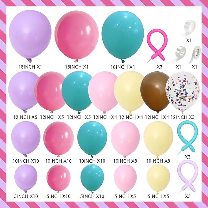 Rainbow Colorful Balloons Arch for Candy Sweet One Two Donut Grow Up Ice Cream Birthday Party Decorations Pastel Purple Pink Blue Yellow Brown Confetti Latex Balloons Garland with Long Balloon