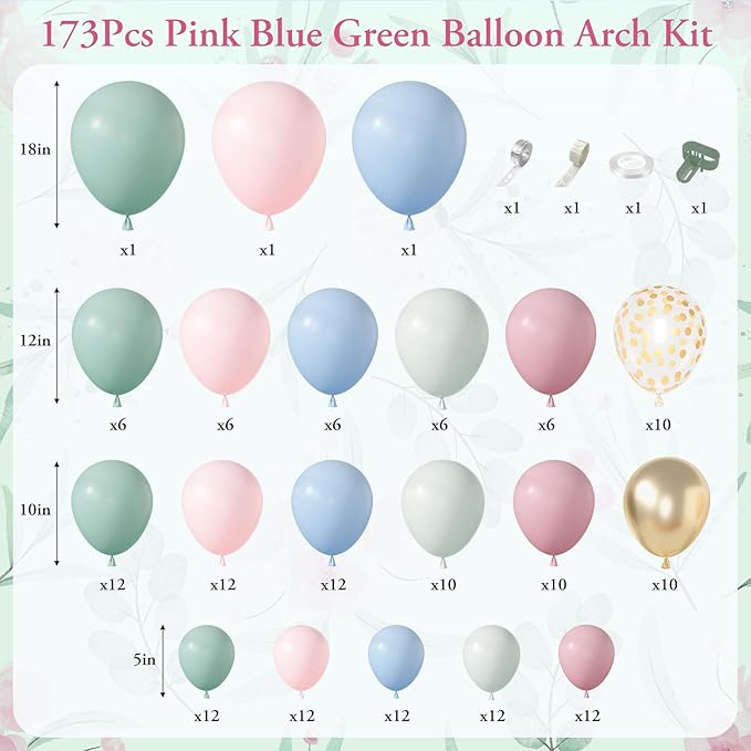 Amandir 173Pcs Pink Blue Green Balloon Arch Garland Kit, Dusty Baby Pink Mauve Pastel Mist Haze Green Blue Gold Confetti Balloons for Baby Shower Gender Reveal Wildflower Birthday Party Decorations