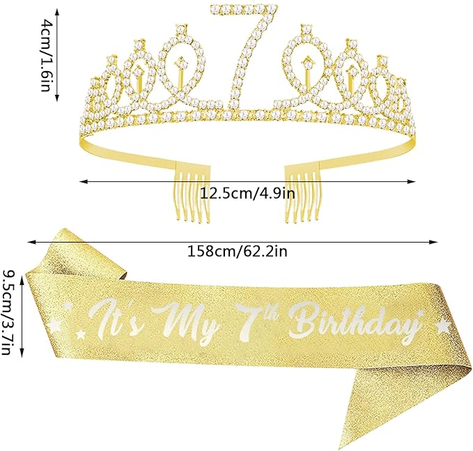 7th Birthday Party Set - Glitter Sash, Tiara Crown, and Decorations for Girls, Gold