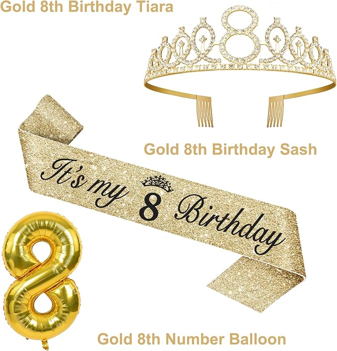 8th Birthday Decorations for Girl with 8th Birthday Sash and Tiara, Candles and Cake Topper, Number Balloons, 8 Year Old Girl Gifts