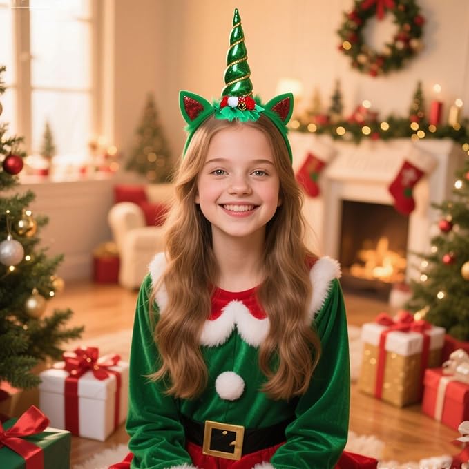 Christmas Unicorn Headband for Women - Festive Green Glitter Unicorn Ear Hairband, Cute Holiday Party Headwear for Xmas, New Year, Costume, Photo Props, Family Accessories