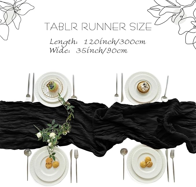 IVAPUPU 2 Pcs Cheesecloth Halloween Table Runner - 10ft Black Boho Gauze Black Cheese Cloth Table Runners for Halloween Decor Indoor Baby Shower Decoration Wedding Party Summer Garden Farmhouse