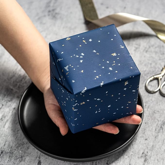 WRAPAHOLIC Navy Blue Wrapping Paper Roll - Mini Roll - 17 Inch x 16.5 Feet - Navy Blue Gold Design with Silky Touch Perfect for Birthday, Wedding, Baby Shower, Holiday