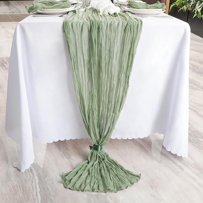 NESCCI 2 Pack Sage Green Table Runner,Rustic Boho Cheesecloth Table Runner,35x120 Inches Runners for Tables, Pefect for Mothers Day Wedding Baby Shower Birthday Party Home Decorations