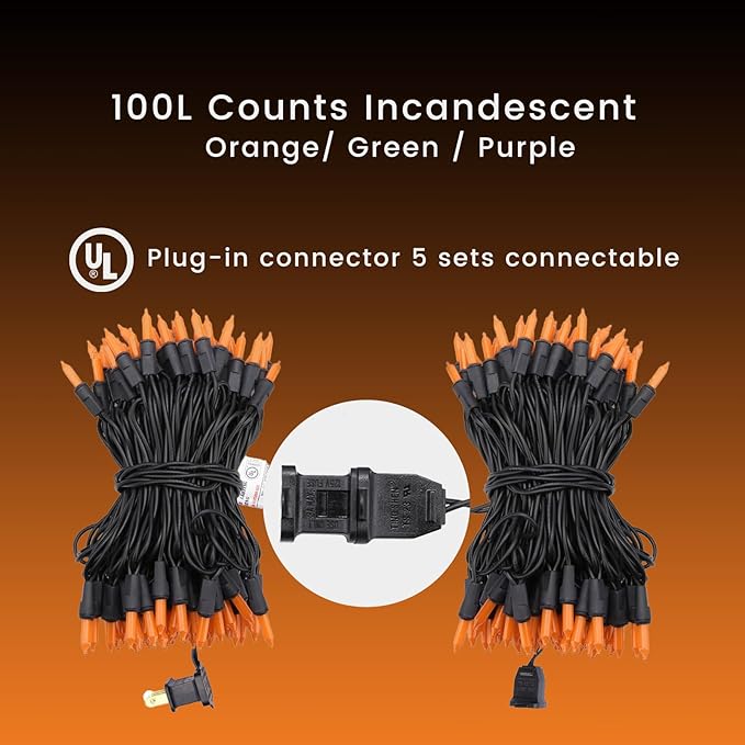Halloween Decorations Orange String Lights – 100 Count Mini Incandescent, 26.5ft Black Wire, UL Listed Connectable Pumpkin Lights for Porch, Patio, Outdoor & Indoor Fall Decor