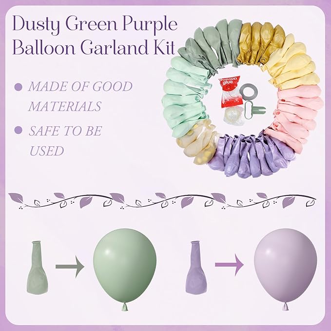 Amandir 173Pcs Dusty Green Purple Pink Balloon Arch Garland Kit, Lavender Pastel Blush Pink Yellow Mist Green Gold Confetti Balloons for Baby Shower Wedding Tea Wildflower Birthday Party Decorations