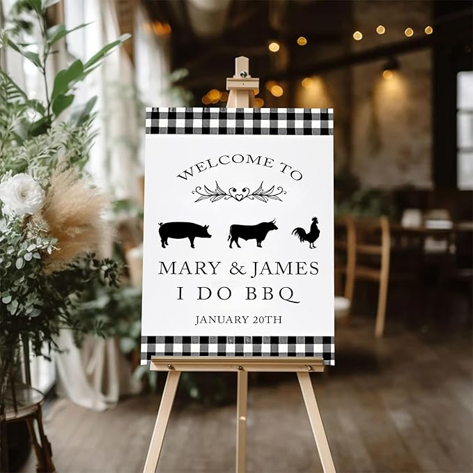 BBQ Welcome Sign for Country Wedding, Backyard Barbe-Q, Printable Decor, Rustic Red Gingham Couples Shower