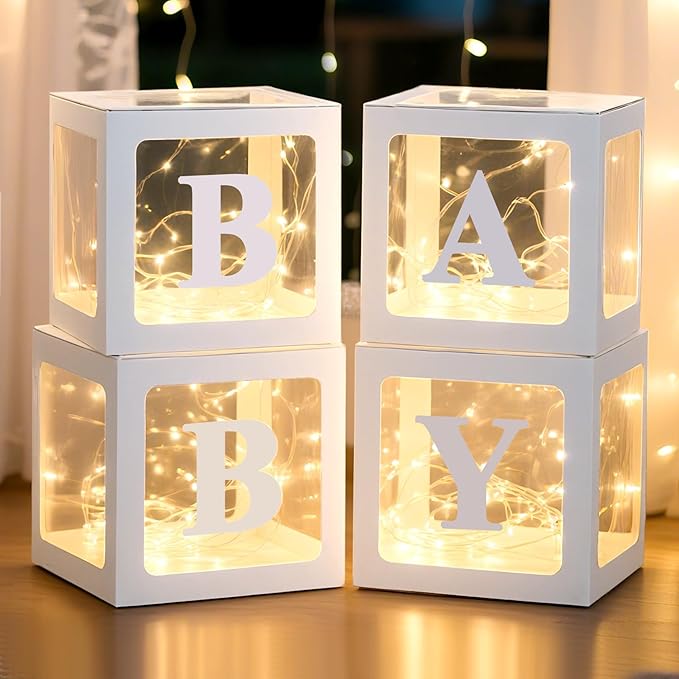 Ledido Baby Boxes with Letters for Baby Shower Decorations, 4 pcs Clear Baby Balloon Boxes Blocks Decor with LED Fairy String Lights for Boy Girl Gender Reveal Decorations Backdrop Party (White)