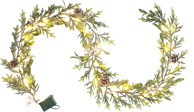 9FT Snowy Christmas Garland Battery Operated, Faux Spruce Evergreen Garland with 30 LED Lights, Pine Cones, Berry for Mantel Stair Railing Office Fireplace Decorations