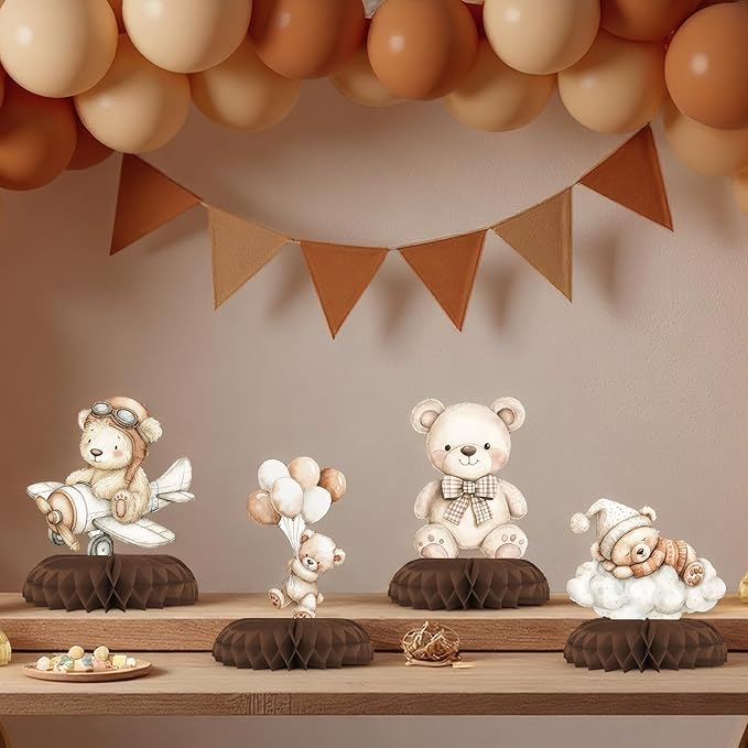 We Can Bearly Wait Baby Shower Centerpieces – 12 PCS Boho Teddy Bear Honeycomb Table Decorations, Brown & Beige Decor for Gender Neutral Teddy Bear Baby Shower