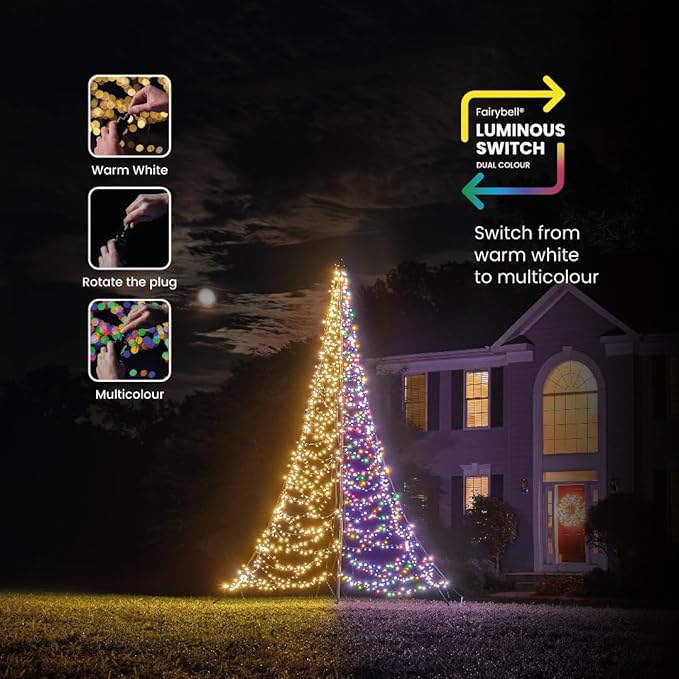Fairybell - Flagpole LED Christmas Tree - Outdoor Christmas Decorations - Luminous Switch - 1,500LED Tree - 13ft - Suitable for Existing Flagpoles - Outdoor Lighting
