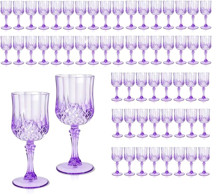 48 Pcs Plastic Purple Wine Drinking Glasses, Plastic Water Goblets Purple Vintage Reusable Drinkware Vintage Champagne glassware for Wedding Reception Grand Event Party, 7oz