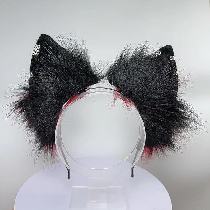 Wolf Ears Tail Set Fox Wolf Headbands Clips Fluffy Cosplay Costumes, Gothic Punk Accessories for Halloween