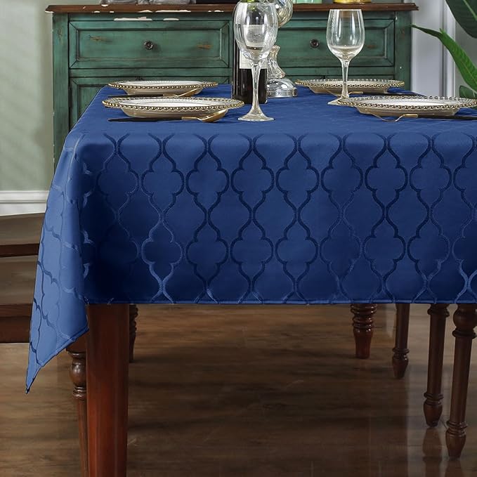 Jacquard Tablecloth Flower Pattern Polyester Table Cloth Spill Proof Dust-Proof Wrinkle Resistant Table Cover for Kitchen Dining Tabletop Decoration (Rectangle, 60" x 84" (6-8 Seats),Navy Blue)