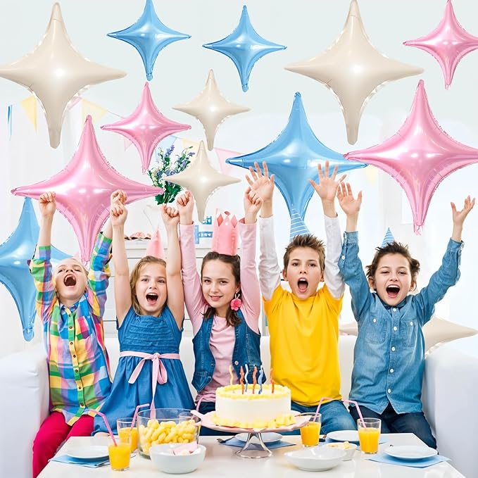 Pink Blue White Star Balloons,12Pcs Four Angle Star Foil Balloons,26Inch and 10Inch Pink Blue Cream White Quadrangle Helium Balloon for Birthday Baby Shower Gender Reveal Party Decorations
