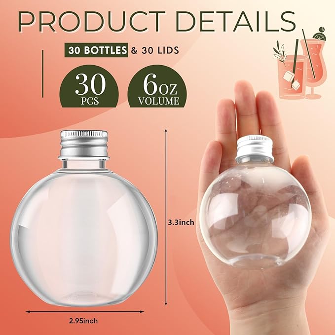 Jinei 30 Pcs 6 oz Ball Shape Plastic Sand Art Bottles Spherical Clear Plastic Potion Bottles Christmas Cocktail Ornament Balls for DIY Wedding Party Gift Crafts Decoration (Silver,Aluminum Cap)