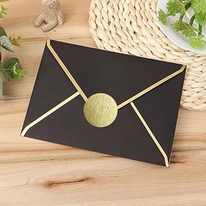 100 x Embossed Save The Date Stickers – Gold Foil Wedding Labels – Metallic Foil Envelope Seals – Elegant Invitation Stickers – Embossed Party Favor Tags (1.6 Inch)