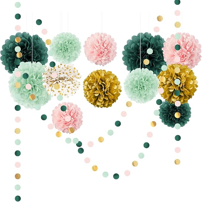 AOBKIAT Wedding Birthday Party Decorations Set,15PCS Sage Green Pink Tissue Paper PomPoms Circle Dots Paper Garland String Hanging Backdrop for Baby Shower, Boho Bridal Wedding Theme Decor