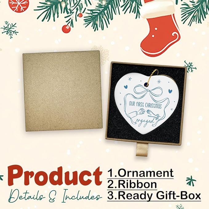 Our First Christmas Engaged Ornament Just Engaged Gifts for Him Her Fiance Newly Couple Engagement Christmas Heart Ceramic Xmas Tree Ornament Decorations