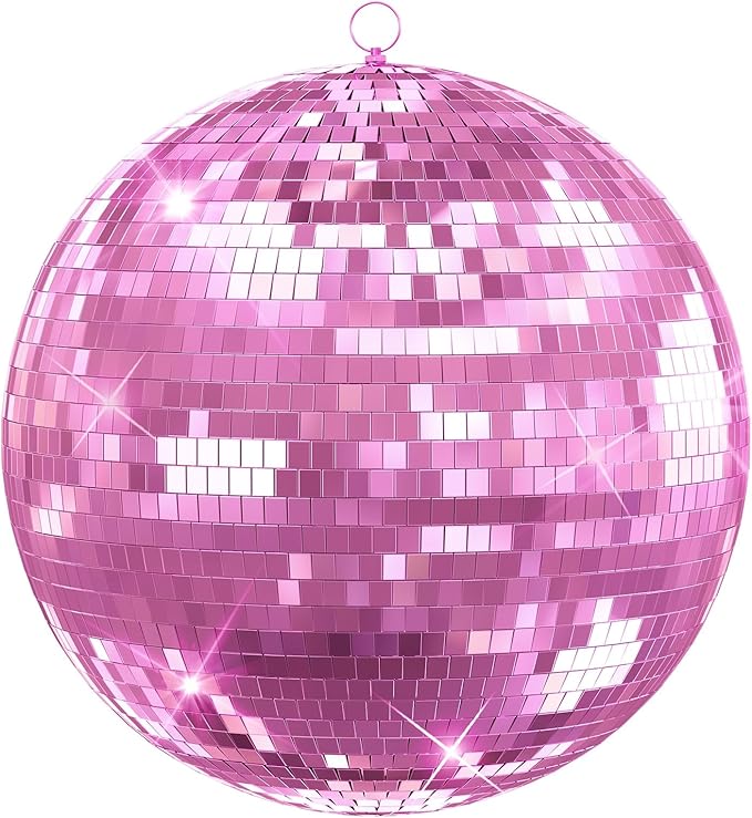 Mirror Disco Ball with Hanging Ring | 12"/16"/20" Mirror Disco Ball for DJ Club,Party,Wedding,Home Decor | Shiny,Easy Installation | with Hanging Ring | Golden, Pink 16inch Pink