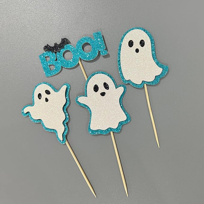 24 Pack Glitter Halloween Ghost Cupcake Toppers - Baby Shower Decor Gender Reveal Decorations (Blue)