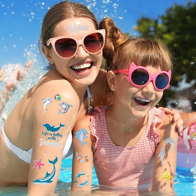 Dolphin Temporary Tattoos for Kids-100+ Glitter Style Underwater Animals Cute Fake Tattoo Waterproof for Girls Boys Body Face Tattoos Stickers Beach Ocean Party Favors Decorations