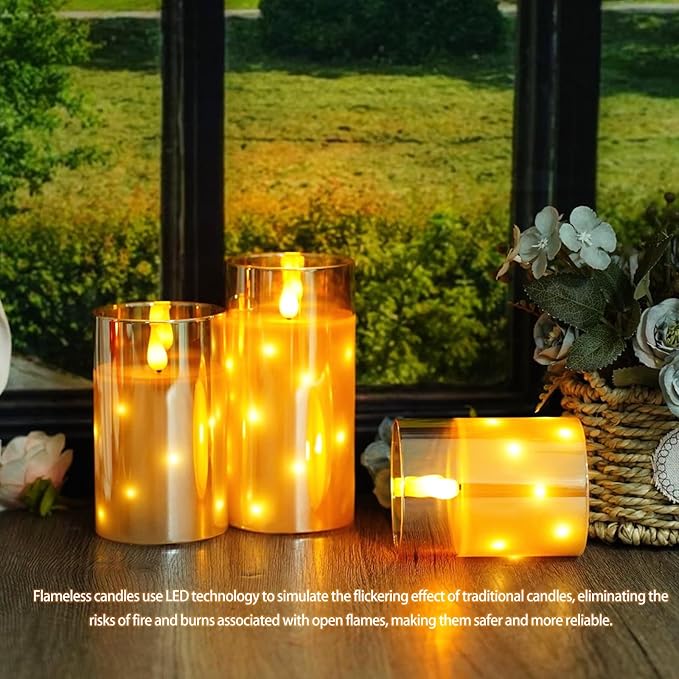 Real Wax Flameless Candles Glass,Battery Operated LED Candles with Flickering Flame,Glass Shell,Interior Star Light Decoration Set of 3 Gold (D3×H 4" 5" 6") for Home Decor,Holiday Decoration