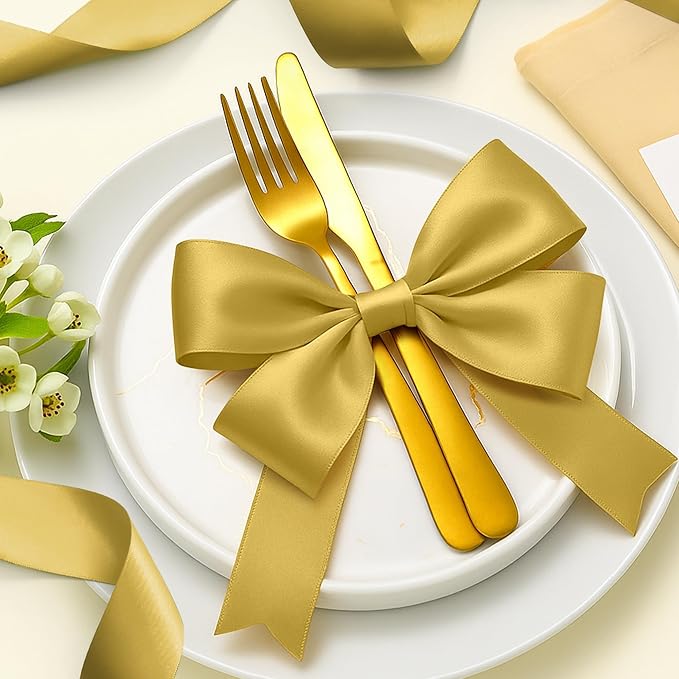 Fullive Champagne Gold Ribbon, 30 Yards Satin Ribbon 1 1/2 Inch, Polyester Satin Christmas Ribbon for Wedding Xmas Tree Graduate New Years Decorations DIY Bows Bouquet Gift Wrapping Christmas Favors