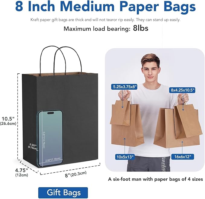 GSSUSA 600 Pack 8x4.25x10'' Paper Bags with Handles Bulk, Black Paper Gift Bags for Small Business