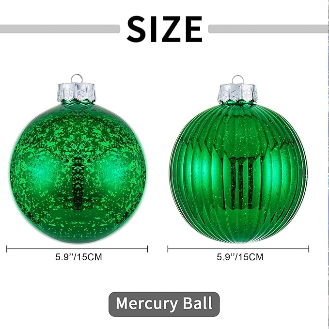 Large Christmas Ball Ornaments, Oversized Shatterproof Plastic Decorative Hanging Mercury Ornaments Ball for Xmas Holiday Party Decorations (Green, 6.0")