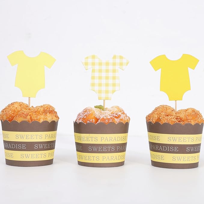 Yellow Bodysuit Cupcake Topper - Baby Shower Decoration Yellow Gingham Cake Topper,Baby Shower Bunting