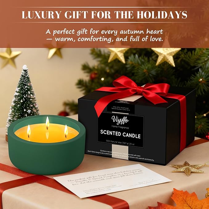 Viyffo Fall Candles - Pine & Cinnamon, 3 Wick Large Scented Candle, 20oz Soy Candles for Women & Men, Non Toxic Aromatherapy Candle, Ceramic Velas Perfect for Autumn Home Decor & Gift
