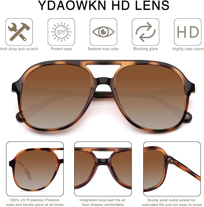 YDAOWKN Retro Square Aviator Sunglasses for Womens Mens Vintage 70s Double Bridge Sun Glasses