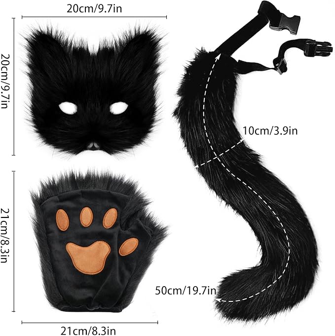 Adolala Faux Fur Fox Tail Cat Wolf Set Plush Mask Fluffy Paw Gloves Halloween Christmas Party for Women