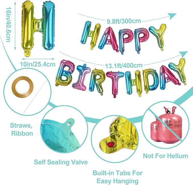 LIOZEOKUN Happy Birthday Balloon Letters 16 inch Mylar Foil Birthday Balloons Banner Sign for Birthday Party Decorations Supplies (Rainbow)